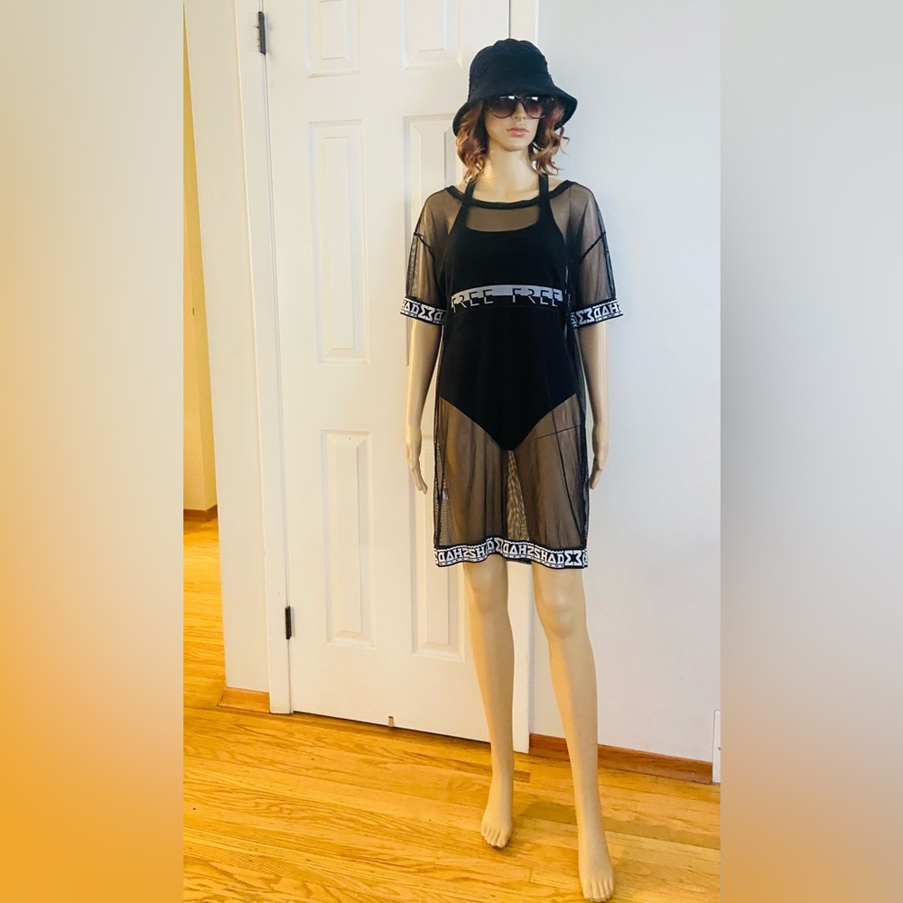 WuLun Women’s Black Mesh Beach Cover T-Shirt Dress Size L